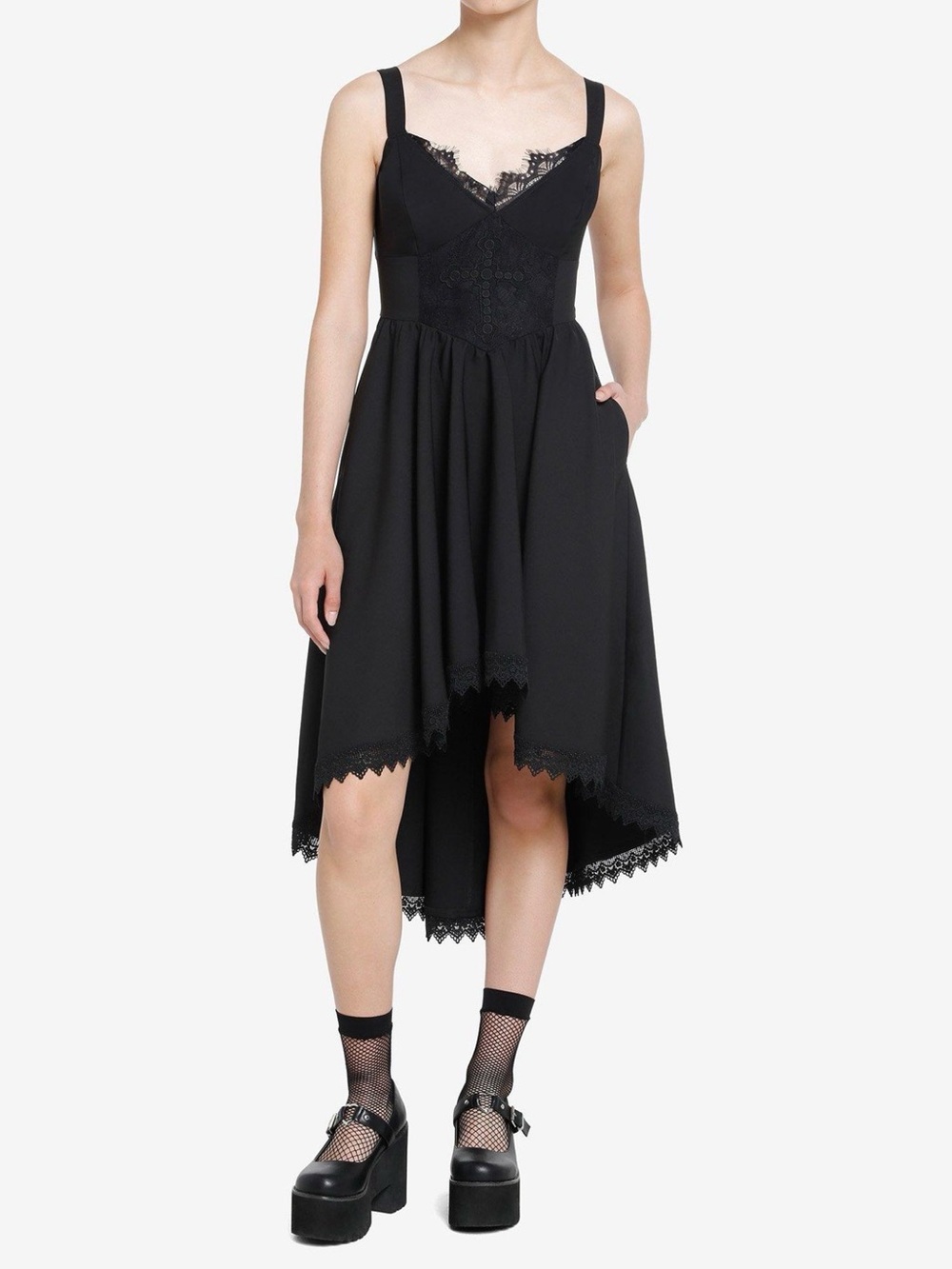 Black Lace-Trim High-Low Dress